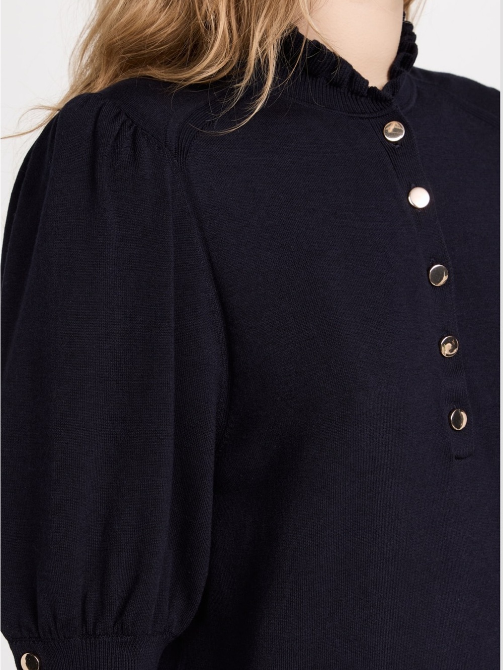 ba&sh SERA Navy Button-Placket Ruffle Sleeve Sweater - Picture 3 of 10